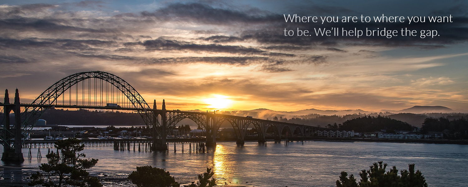 Sunset behind bridge with a quote that reads. Where you are to where you want to be. We’ll help bridge the gap.